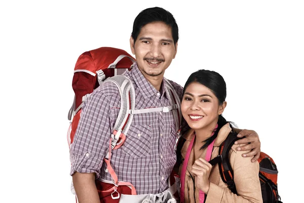 Feliz Asiático Casal Turista Com Mochila Isolado Sobre Branco Fundo — Fotografia de Stock