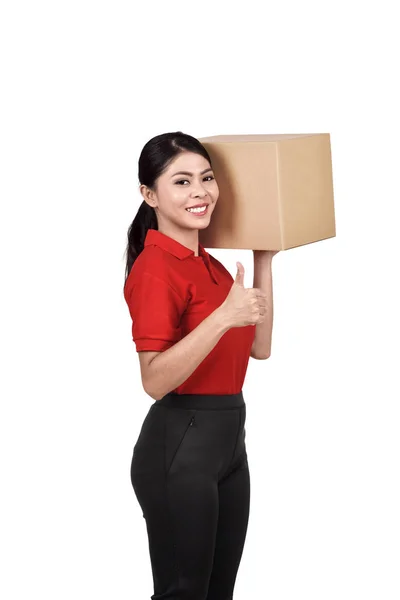 Profissional Asiático Entrega Mulher Trazer Papelão Caixa Isolado Sobre Branco — Fotografia de Stock