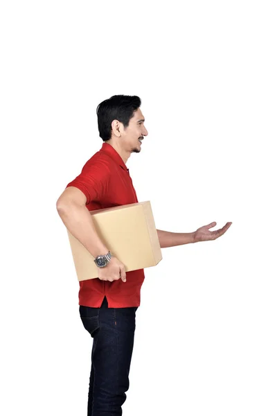 Professional Asian Delivery Man Box Standing Isolated White Background — Stock Photo, Image