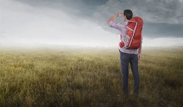 Attractive Asian Traveler Man Backpack Looking Landscapes Meadow Field — Stock Photo, Image