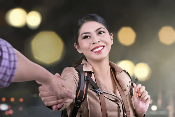 Happy Asian Tourist Woman Follow Husband Hand Blur Lights Background — Stock Photo, Image
