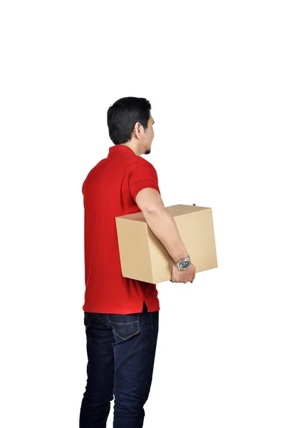 Νεαρά Ασιατικές Courier Άνθρωπος Μεταφέρουν Κουτί Και Στέκεται Απομονωθεί Λευκό — Φωτογραφία Αρχείου