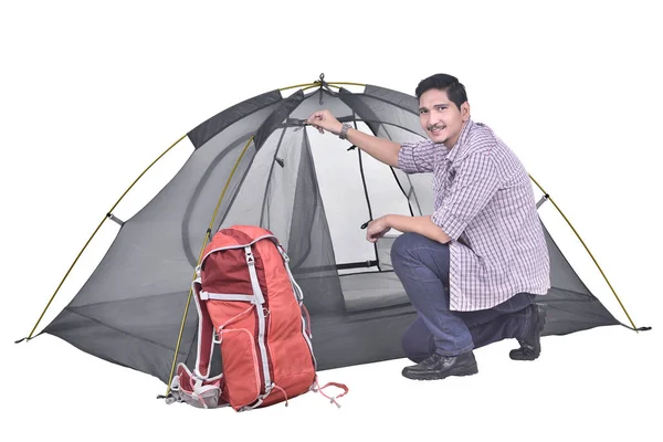 Asian Man Prepare Tent While Posing Isolated White Background — Stock Photo, Image