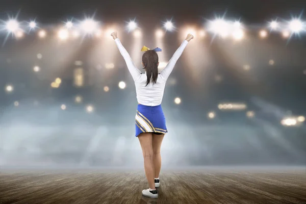 Rear View Asian Cheerleader White Blue Suit Stage — Stock Photo, Image