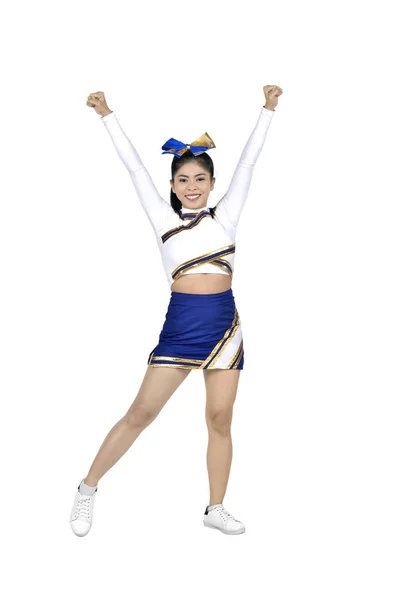 Młoda Azjatka Cheerleaderka Kolorze Białym Niebieskim Białym Tle Nad Białym — Zdjęcie stockowe