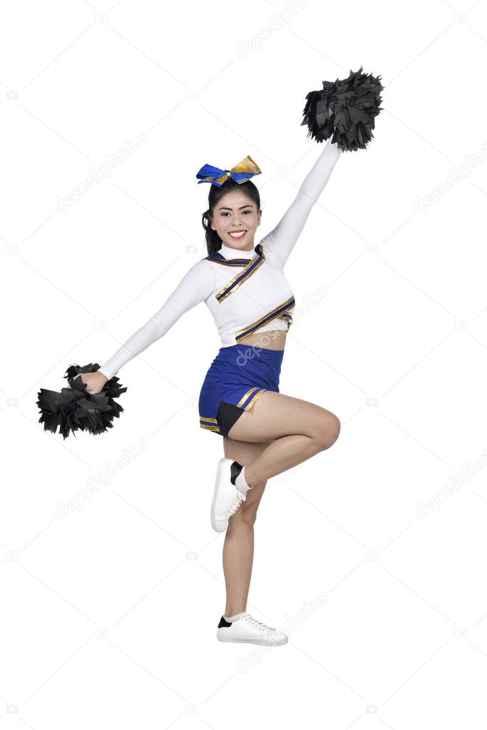 Portrait of asian cheerleader with pom poms isolated over white background