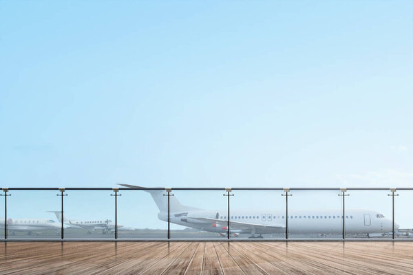 Терраса аэропорта с деревянным полом и самолетом на заднем плане
