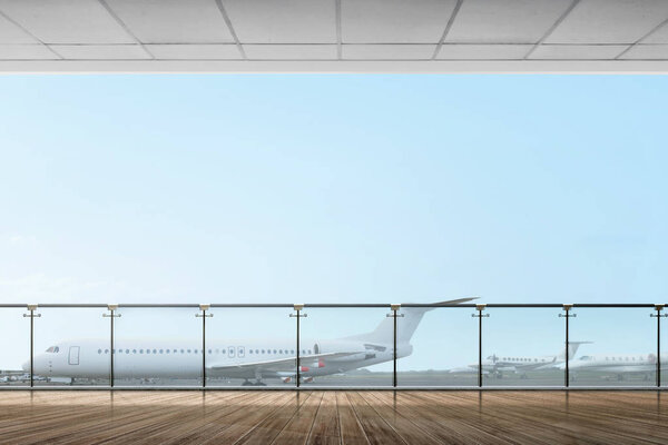 Вид на терминал аэропорта с самолетом на взлетно-посадочной полосе
