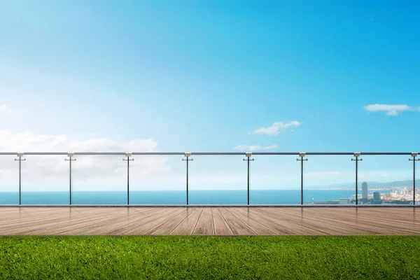 Deniz manzarası görünüm içine bakmak balkondan mavi gökyüzü ile