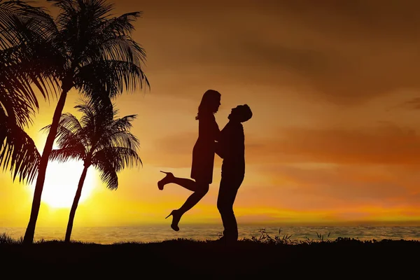 Sylwetka Romantyczna Para Miłości Widokiem Zachód Słońca Plaży — Zdjęcie stockowe