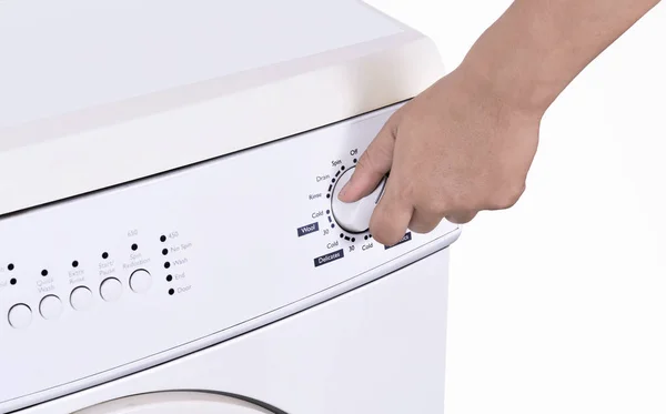 Close Hand Adjusting Washing Machine Program Isolated White Background — Stock Photo, Image