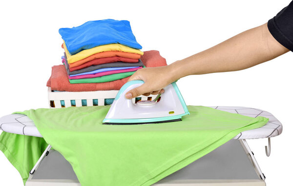 People ironing clothes on ironing board isolated over white background