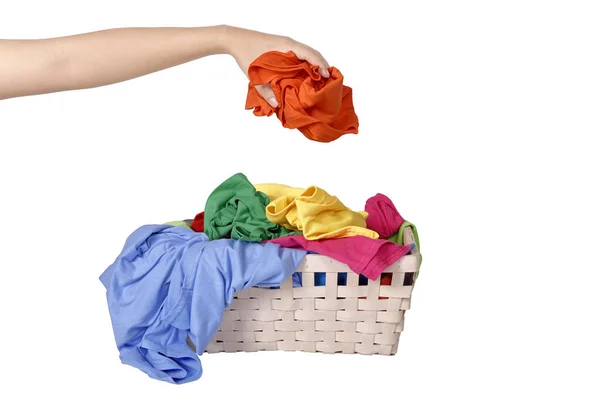 Male Hand Put Dirty Clothes Basket Isolated White Background — Stock Photo, Image