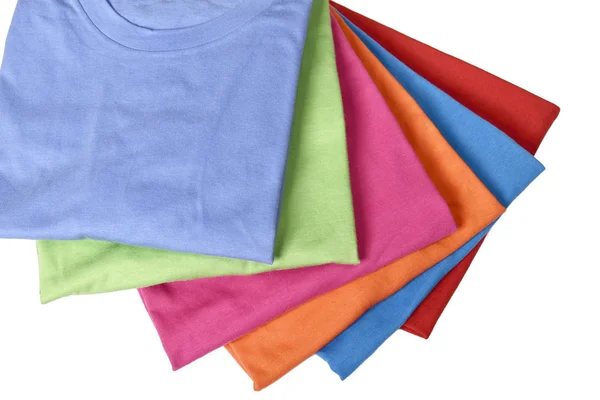 Pila Coloridas Camisetas Plegadas Cuidadosamente Aisladas Sobre Fondo Blanco — Foto de Stock