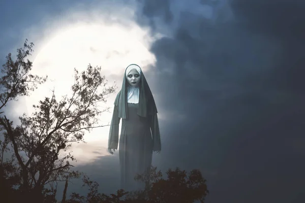 Scary Devil Nunna Med Fullmånen Bakgrund Halloween Konceptet — Stockfoto