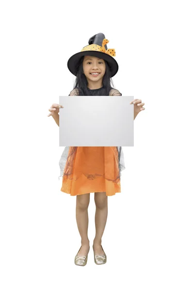 Funny Asian Girl Witch Costume Holding Empty Copyspace Isolated White — Stock Photo, Image