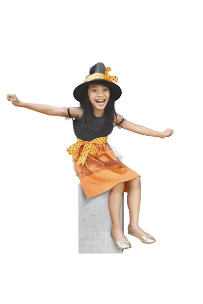 Happy Asian Child Girl Witch Costume Hat Halloween Isolated White — Stock Photo, Image