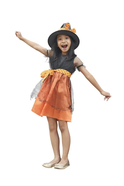 Happy Asian Girl Witch Costume Hat Standing Isolated White Background — Stock Photo, Image
