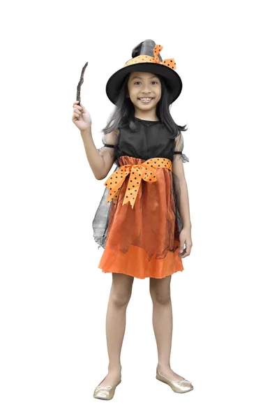 Portrait Asian Little Girl Witch Costume Magic Wand Isolated White — Stock Photo, Image