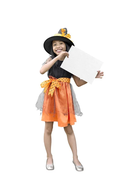 Portrait Asian Girl Witch Costume Holding Copy Space Isolated White — Stock Photo, Image