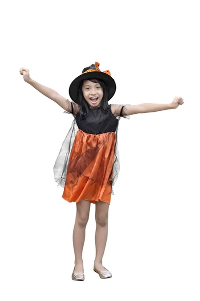 Portrait Asian Girl Witch Costume Hat Standing Isolated White Background — Stock Photo, Image