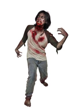Korkunç zombi adam kanlı ağız beyaz arka plan üzerinde izole poz ile potrait