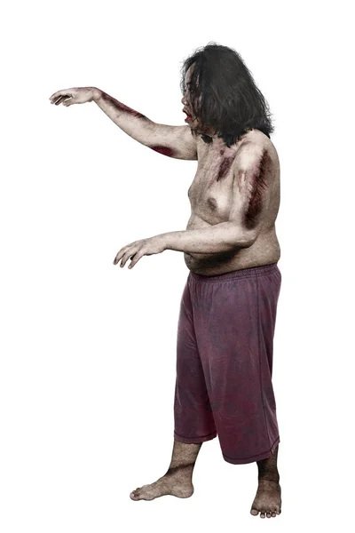 Seitenansicht Des Blutigen Zombie Mannes Mit Wunden Die Isoliert Auf — Stockfoto