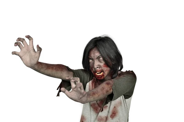 Griezelige Zombie Man Met Bloederige Handen Permanent Geïsoleerd Witte Achtergrond — Stockfoto