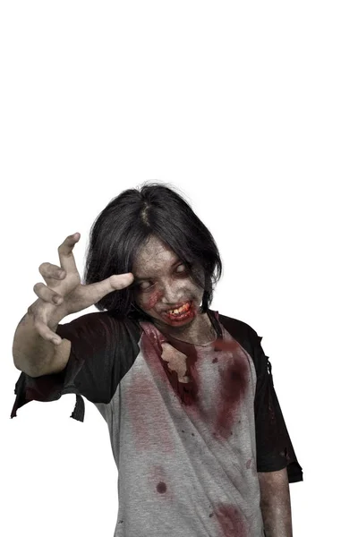 Spooky Zombie Man Blood His Mouth Standing Isolated White Background — Stock Photo, Image