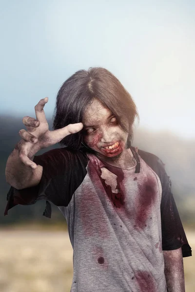 Creepy Zombie Man Clawing Hands Standing Outdoor Halloween Concept — Stock Photo, Image