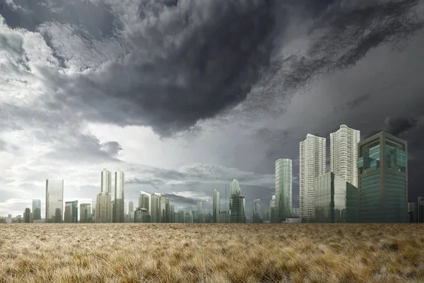 Dark city with dry grassland and dark cloud on the sky. Halloween background