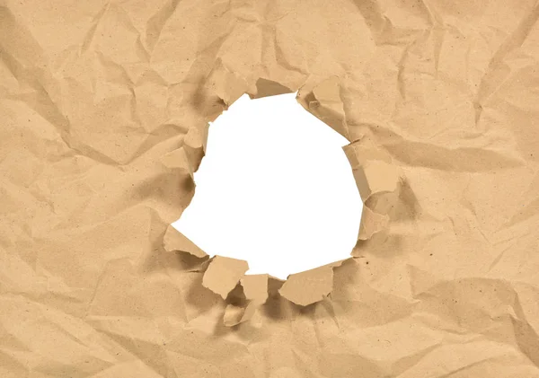 Wrinkled Paper Hole Torn Middle Isolated White Background — Stock Photo, Image