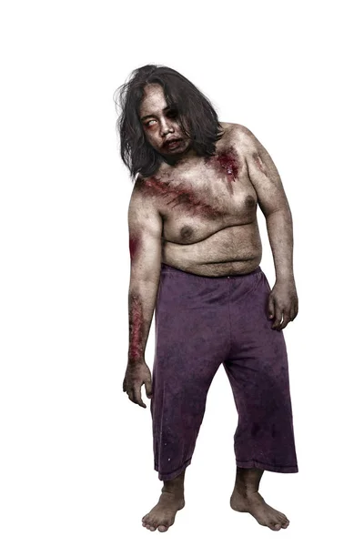 Страшный Зомби Человек Раной Теле Стоял Изолированный Белом Фоне — стоковое фото