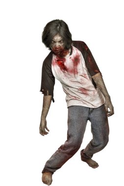 Ürpertici zombi adam kanlı gömleğini beyaz arka plan üzerinde izole ayakta