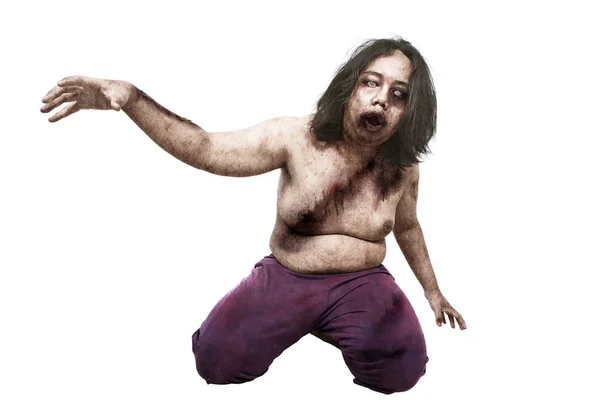 Porträtt Zombie Man Med Blod Hans Kropp Poserar Isolerade Över — Stockfoto