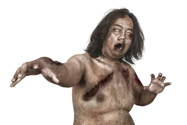 Ritratto Uomo Zombie Con Corpo Ferito Posa Isolato Sfondo Bianco — Foto Stock