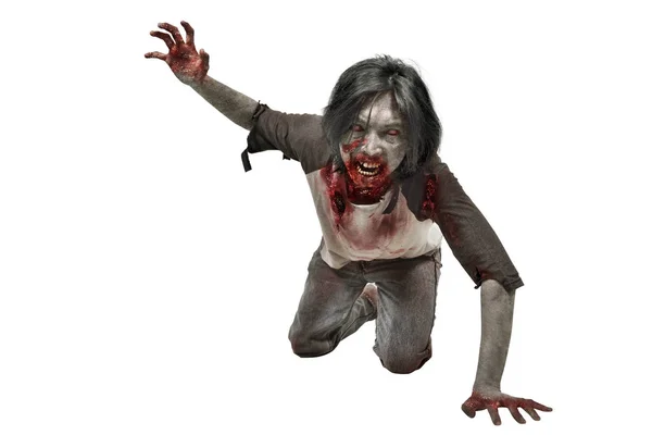 Spaventoso Zombie Uomo Strisciando Con Sanguinosa Bocca Isolato Sfondo Bianco — Foto Stock