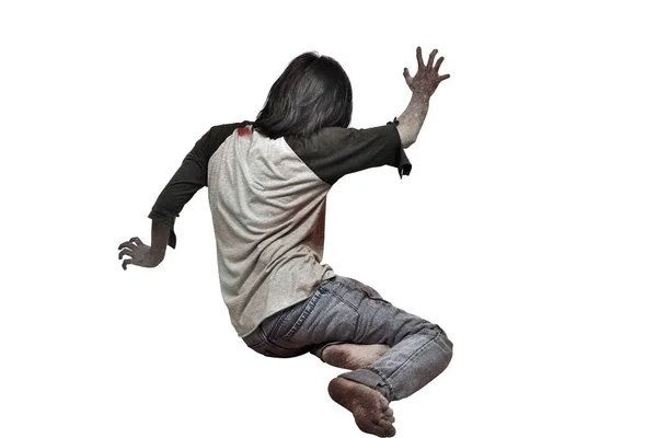 Rear View Zombie Man Crawling Isolated White Background — Stock Photo, Image