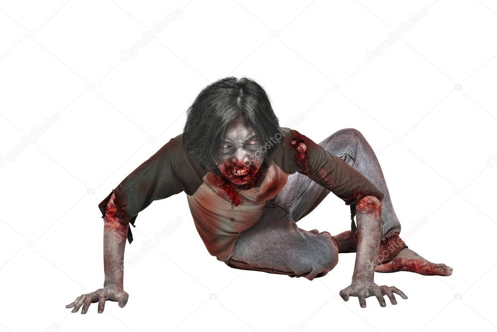 Scary zombie man with bloody mouth posing isolated over white background