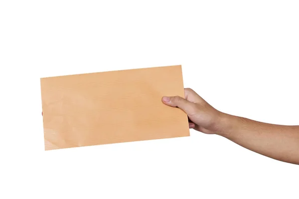 Mãos Segurando Envelope Marrom Isolado Sobre Fundo Branco — Fotografia de Stock