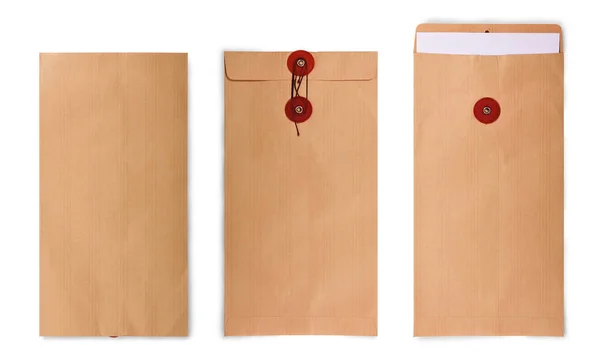 Bruine Envelop Collectie Geïsoleerd Witte Achtergrond — Stockfoto