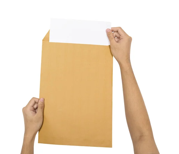 Handen Plaats Het Papier Een Bruine Envelop Geïsoleerd Witte Achtergrond — Stockfoto