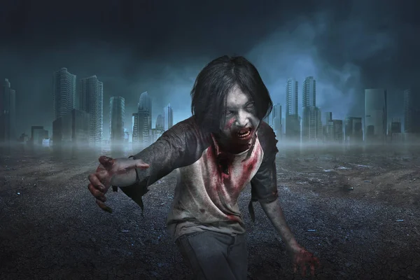 Scary Zombie Man Blood Haunting Abandoned City Halloween Concept — Stock Photo, Image