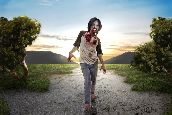 Angry Zombie Man Bloody Mouth Walk Outdoor Halloween Concept — Stock Photo, Image