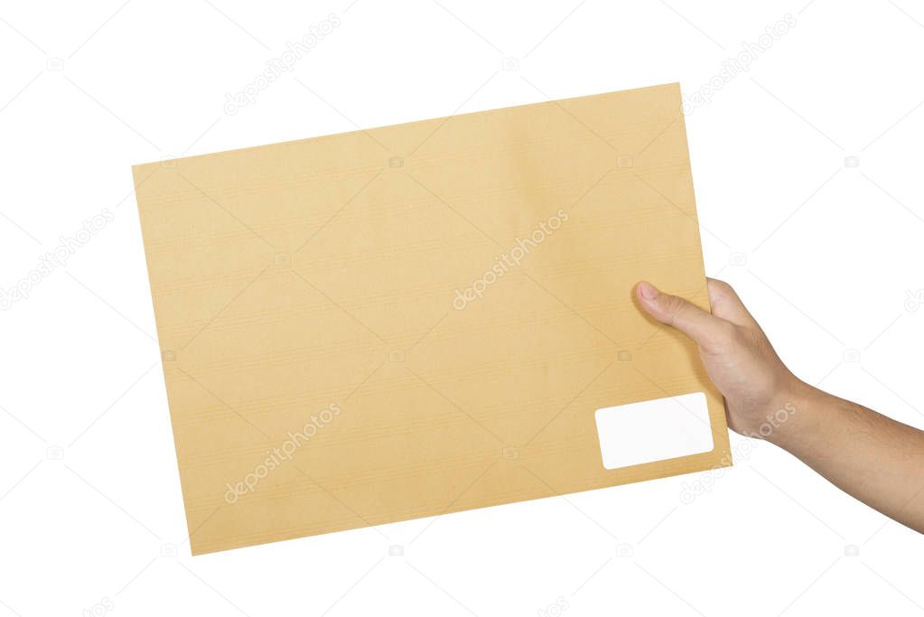 Male hands holding brown envelope isolated over white background
