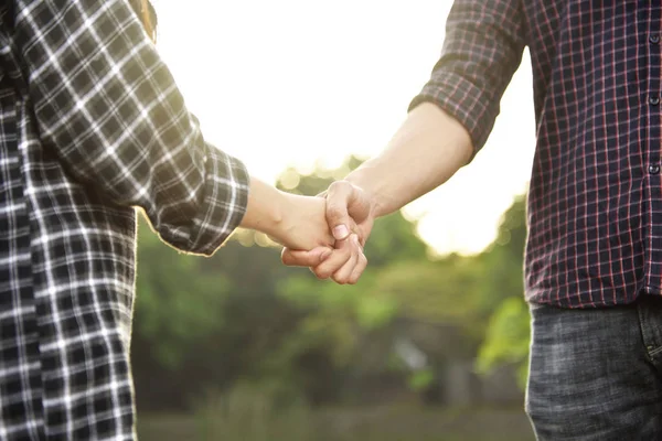 Portrait Couple Love Holding Hands Each Other Park — Stock Photo, Image