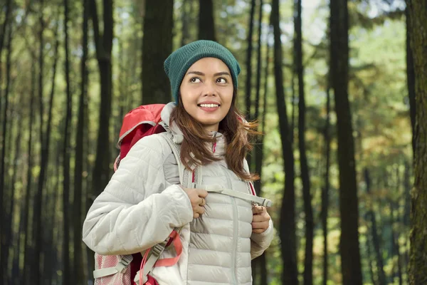 Young Asian Traveler Backpack Forest — Stock Photo, Image
