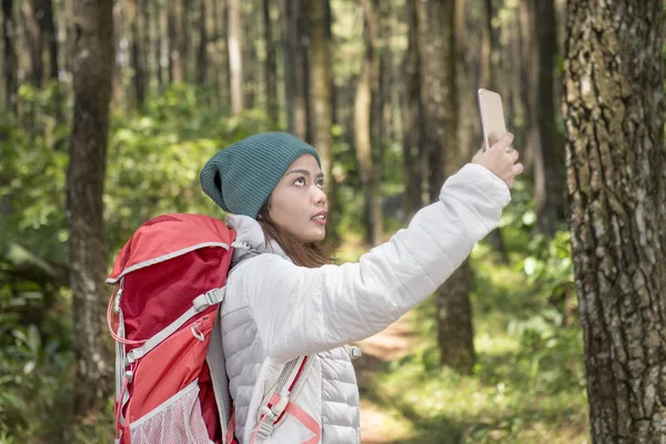 Beautiful Asian Tourist Woman Taking Photo Mobile Phone Forest — Stock Photo, Image