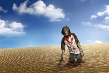 Kirli zombi adam çölde kanlı ağızlı