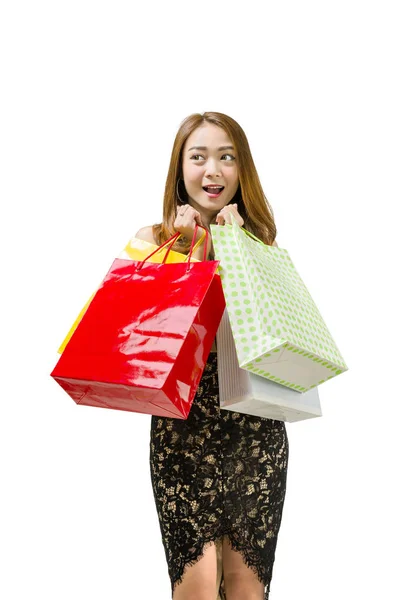 Emocionado Mujer Asiática Con Bolsas Compras Colores Pie Aislado Sobre —  Fotos de Stock